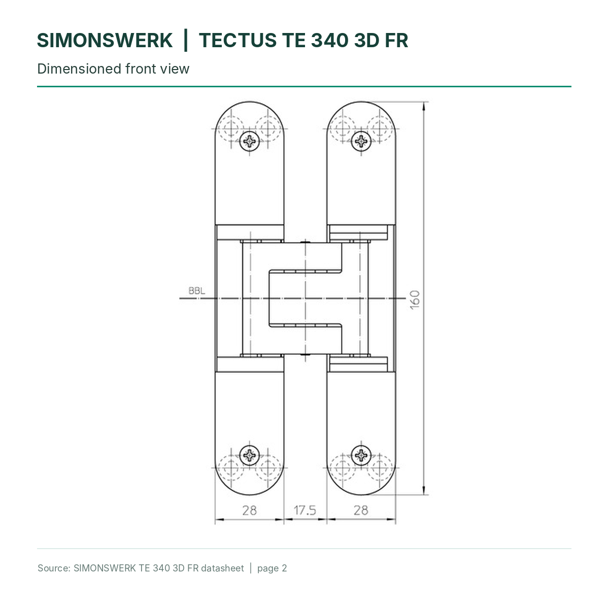 SIMONSWERK TECTUS TE340 3D FR - Front-view dimensions technical diagram | Hart Wholesale