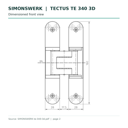 SIMONSWERK TECTUS TE 340 3D dimensioned front view technical drawing