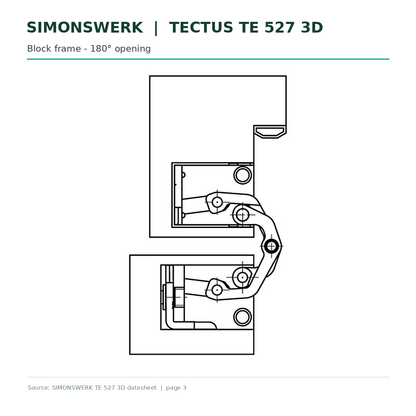 SIMONSWERK TECTUS TE527 3D concealed hinge - block-frame opening at 180 degrees technical drawing | Hart Wholesale