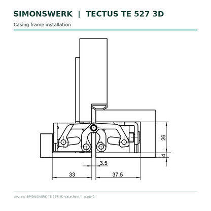 SIMONSWERK TECTUS TE527 3D concealed hinge - casing-frame installation section technical drawing | Hart Wholesale