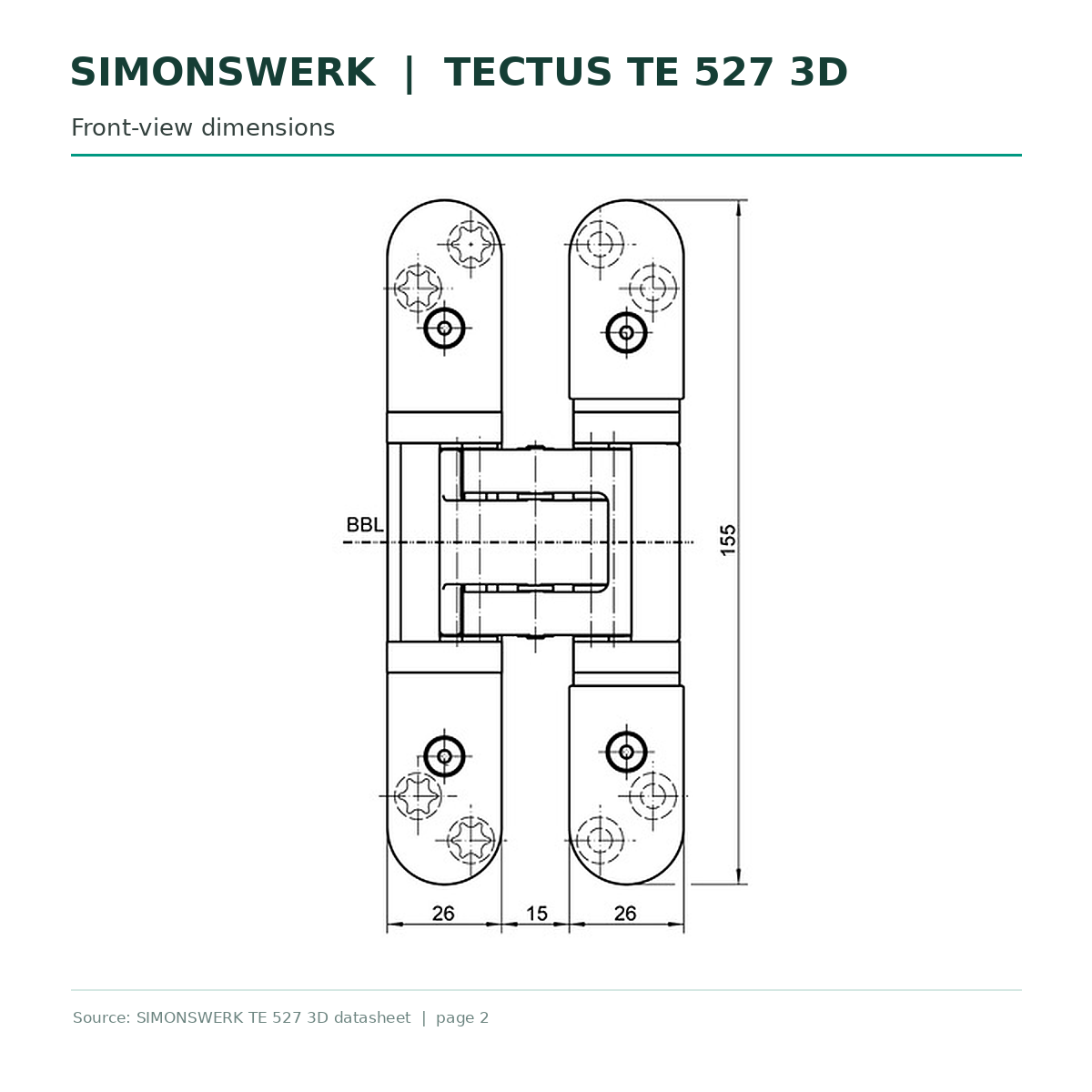 SIMONSWERK TECTUS TE527 3D concealed hinge - front-view dimensions, 155 mm hinge technical drawing | Hart Wholesale