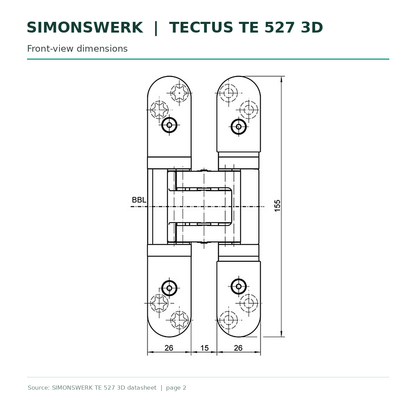 SIMONSWERK TECTUS TE527 3D concealed hinge - front-view dimensions, 155 mm hinge technical drawing | Hart Wholesale