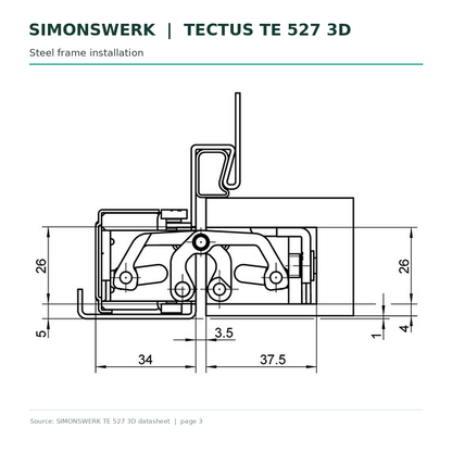 SIMONSWERK TECTUS TE527 3D concealed hinge - steel-frame installation section technical drawing | Hart Wholesale