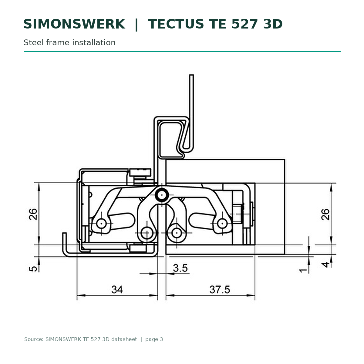 SIMONSWERK TECTUS TE527 3D concealed hinge - steel-frame installation section technical drawing | Hart Wholesale