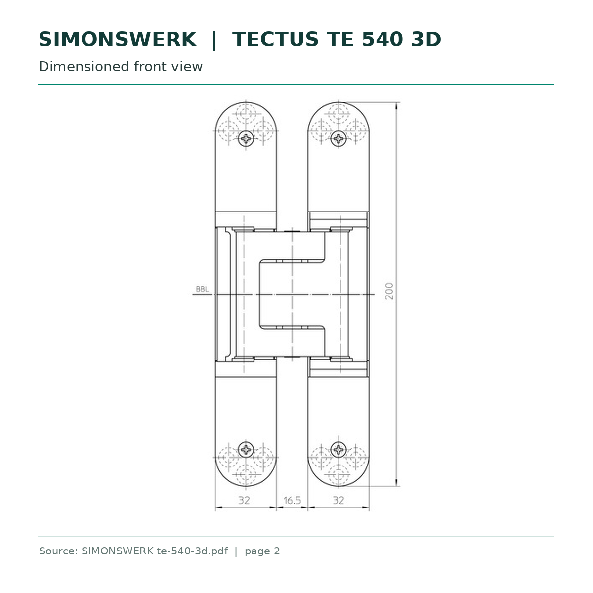 SIMONSWERK TECTUS TE 540 3D dimensioned front view technical drawing