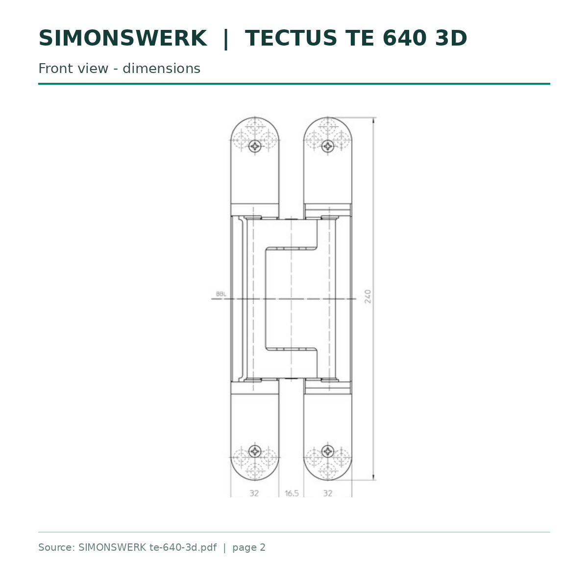 SIMONSWERK TECTUS TE640 3D 240 x 32 mm technical drawing - Front elevation and hinge dimensions