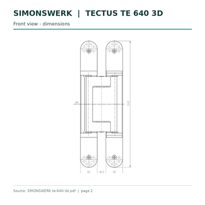 SIMONSWERK TECTUS TE640 3D 240 x 32 mm technical drawing - Front elevation and hinge dimensions