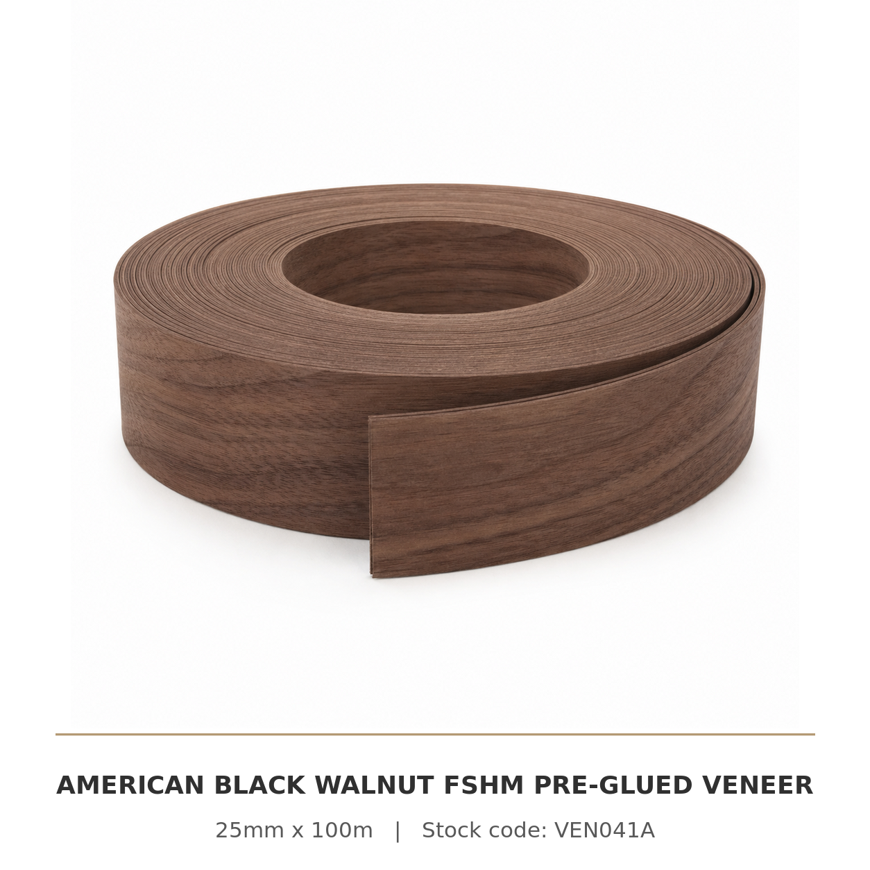American Black Walnut FSHM pre-glued flexible wood veneer edging roll, 25mm x 100m, stock code VEN041A