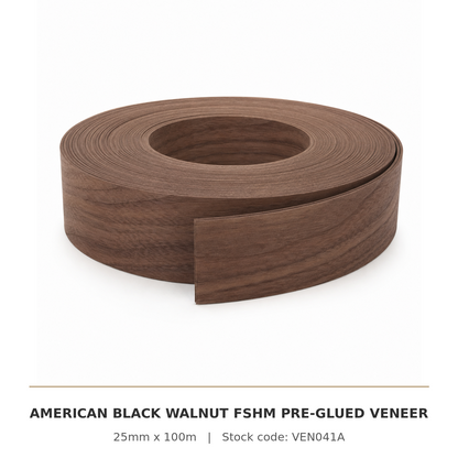 American Black Walnut FSHM pre-glued flexible wood veneer edging roll, 25mm x 100m, stock code VEN041A