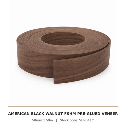 American Black Walnut FSHM pre-glued veneer edging roll labelled 50mm x 50m, stock code VEN041C