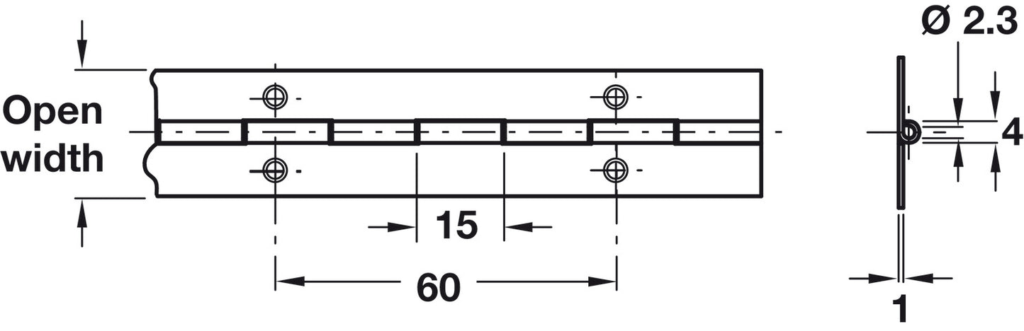 Technical line drawing showing dimensions of a hinge or door hardware component, with open width, 60, 15, 4, 2.3, and thickness markings on a white background. 1829 × 38 × 1.2mm polished Grade 304 stainless steel piano hinge with in-line countersunk fixing holes