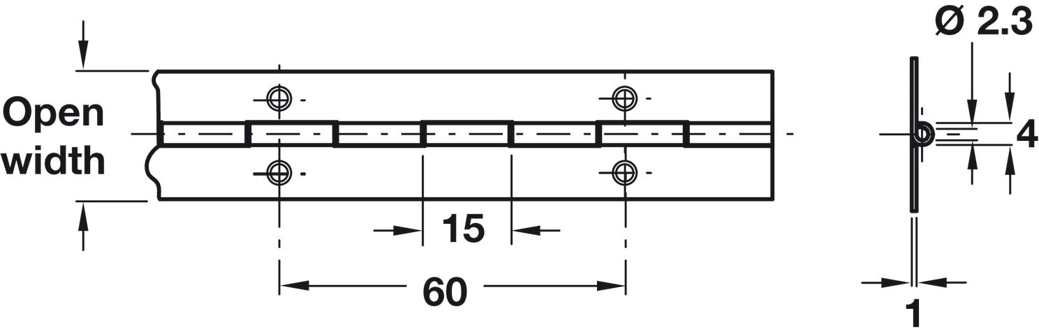 Technical line drawing showing dimensions of a hinge or door hardware component, with open width, 60, 15, 4, 2.3, and thickness markings on a white background. 1829 × 38 × 1.2mm polished Grade 304 stainless steel piano hinge with in-line countersunk fixing holes