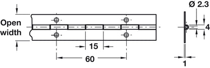 Technical line drawing showing dimensions of a hinge or door hardware component, with open width, 60, 15, 4, 2.3, and thickness markings on a white background. 1829 × 38 × 1.2mm polished Grade 304 stainless steel piano hinge with in-line countersunk fixing holes