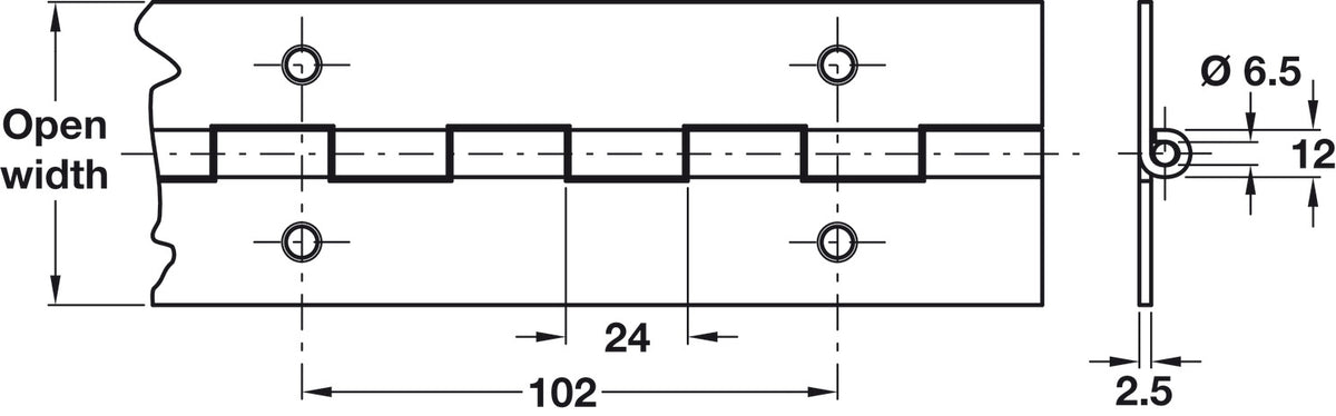 1834 × 38 × 0.9mm polished brass continuous piano hinge with 36 countersunk fixing holes
Technical dimension drawing of a rectangular channel or groove profile with bolt holes, showing open width, center spacing, and a side view with dimensions labeled 102, 12, 6.5, and 2.