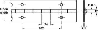 1834 × 38 × 0.9mm polished brass continuous piano hinge with 36 countersunk fixing holes
Technical dimension drawing of a rectangular channel or groove profile with bolt holes, showing open width, center spacing, and a side view with dimensions labeled 102, 12, 6.5, and 2.