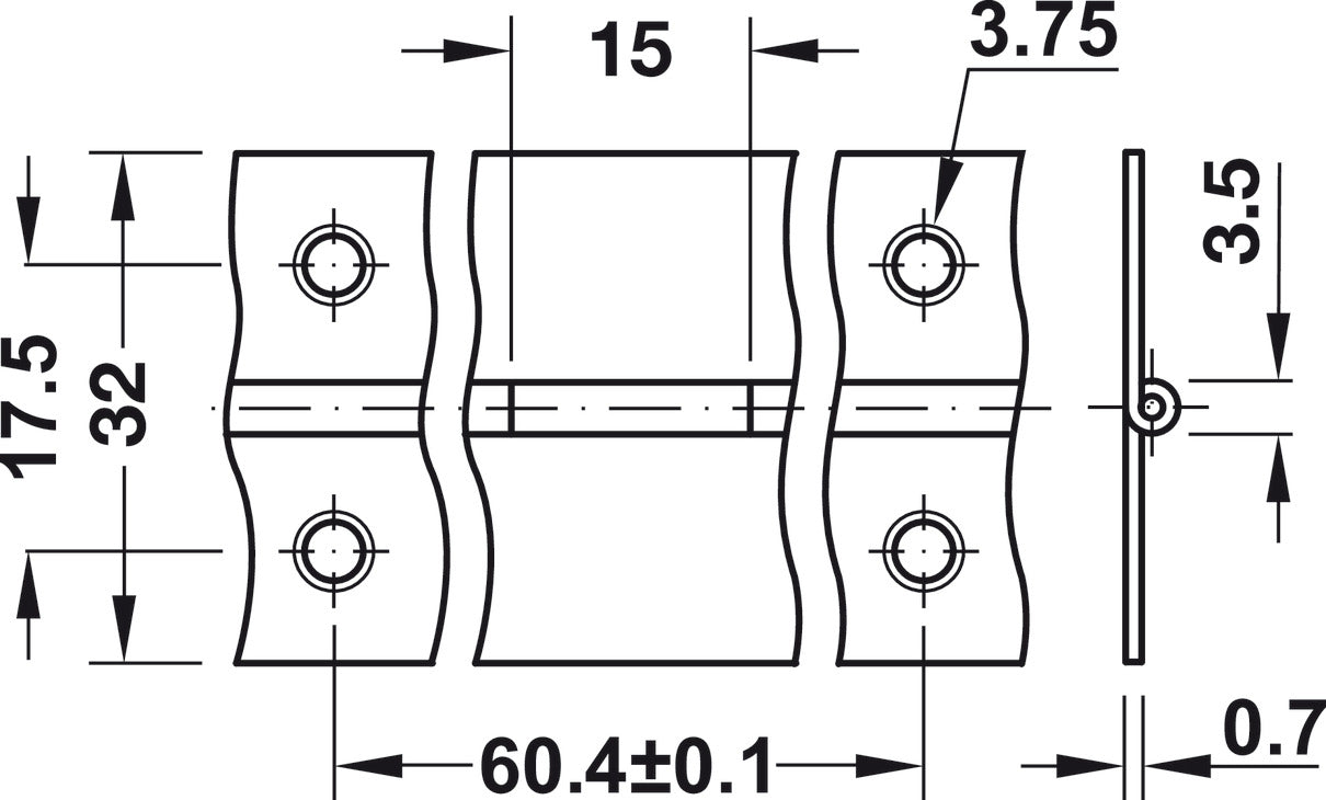 Technical dimension drawing of a metal mounting bracket or hardware component, showing front, side, and cross-section views with measurements such as 15, 3.75, 3.