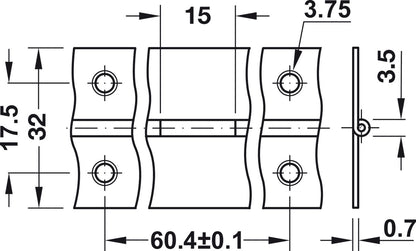 Technical dimension drawing of a metal mounting bracket or hardware component, showing front, side, and cross-section views with measurements such as 15, 3.75, 3.