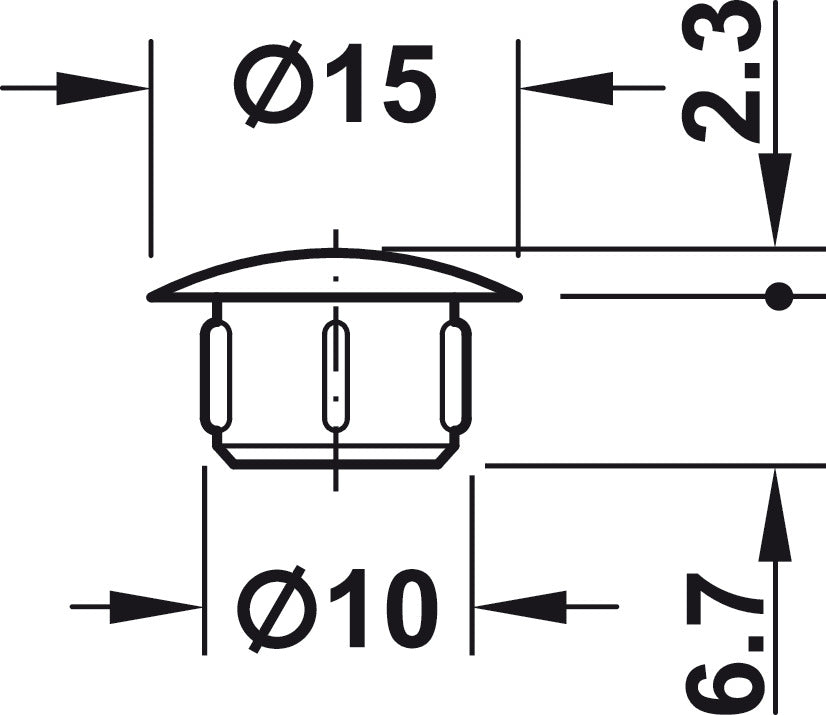 Technical dimension drawing of a small dome-shaped component, showing a top view with measurements labeled Ø15, 2.3, Ø10, and 6.