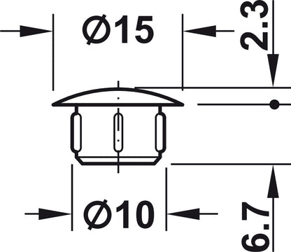 Technical dimension drawing of a small dome-shaped component, showing a top view with measurements labeled Ø15, 2.3, Ø10, and 6.