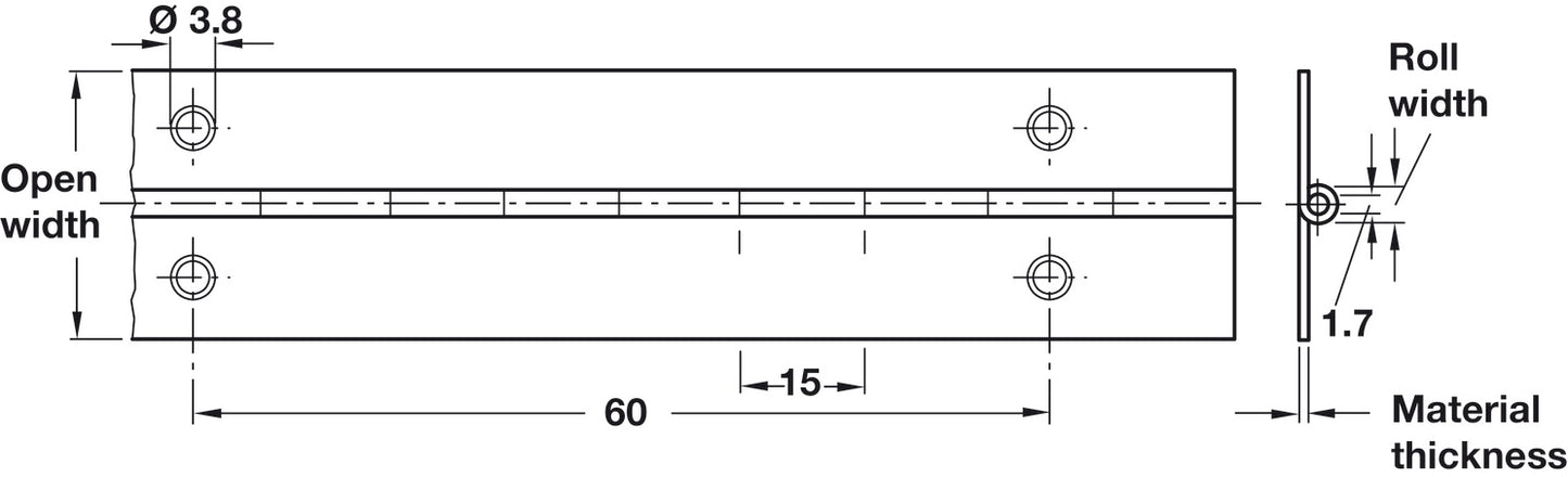 Technical dimension drawing of a rectangular metal roll with labeled measurements including open width, 60, 15, roll width, 1.7, and material thickness.