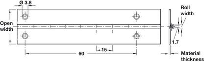 Technical dimension drawing of a rectangular metal roll with labeled measurements including open width, 60, 15, roll width, 1.7, and material thickness.