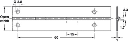 Black and white technical dimension drawing of a rectangular mounting plate with bolt holes, showing measurements including 60, 15, 3.8, 3.  1840–1850 × 32mm electro-brass plated steel piano hinge for furniture and cabinet applications