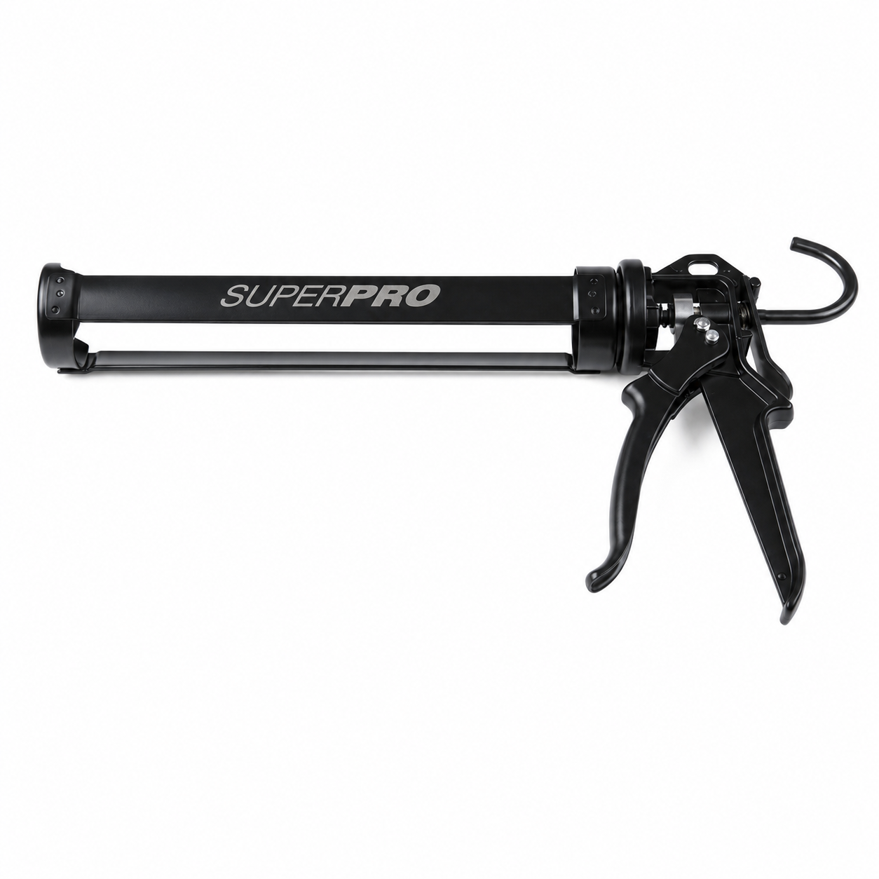 Superpro black high-thrust caulking gun for cartridges up to 400ml
A black caulking gun with the brand name 'SUPER PRO' printed in white on the barrel, shown against a plain white background.