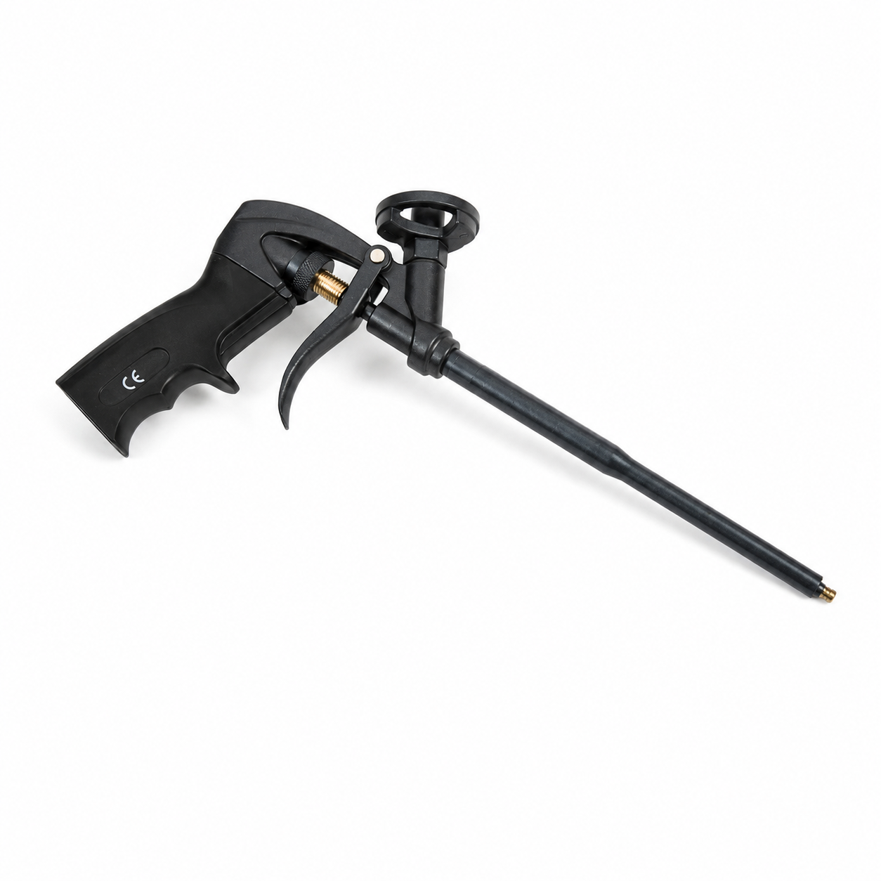 Superior professional black Teflon-coated PU expanding foam applicator gun
A black high-pressure foam gun with a long nozzle and trigger, shown on a plain white background.