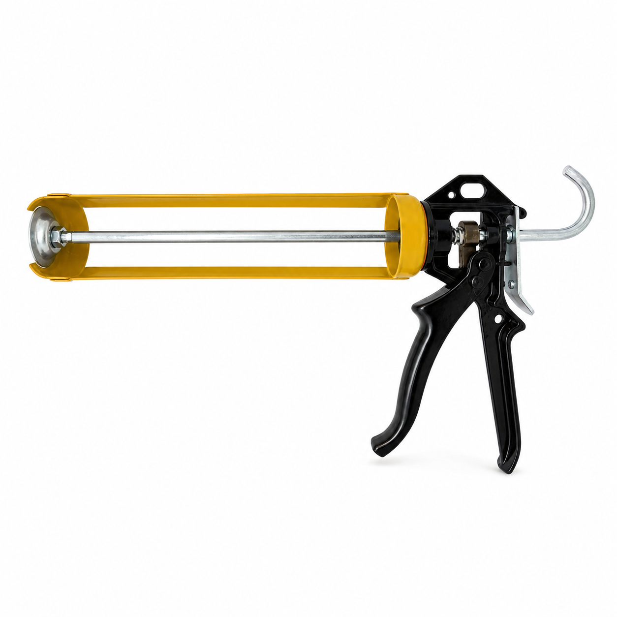 ARBO professional yellow skeleton sealant gun for cartridges up to 400ml
A yellow and black caulking gun with a metal needle cartridge and silver hook, shown on a plain white background.
