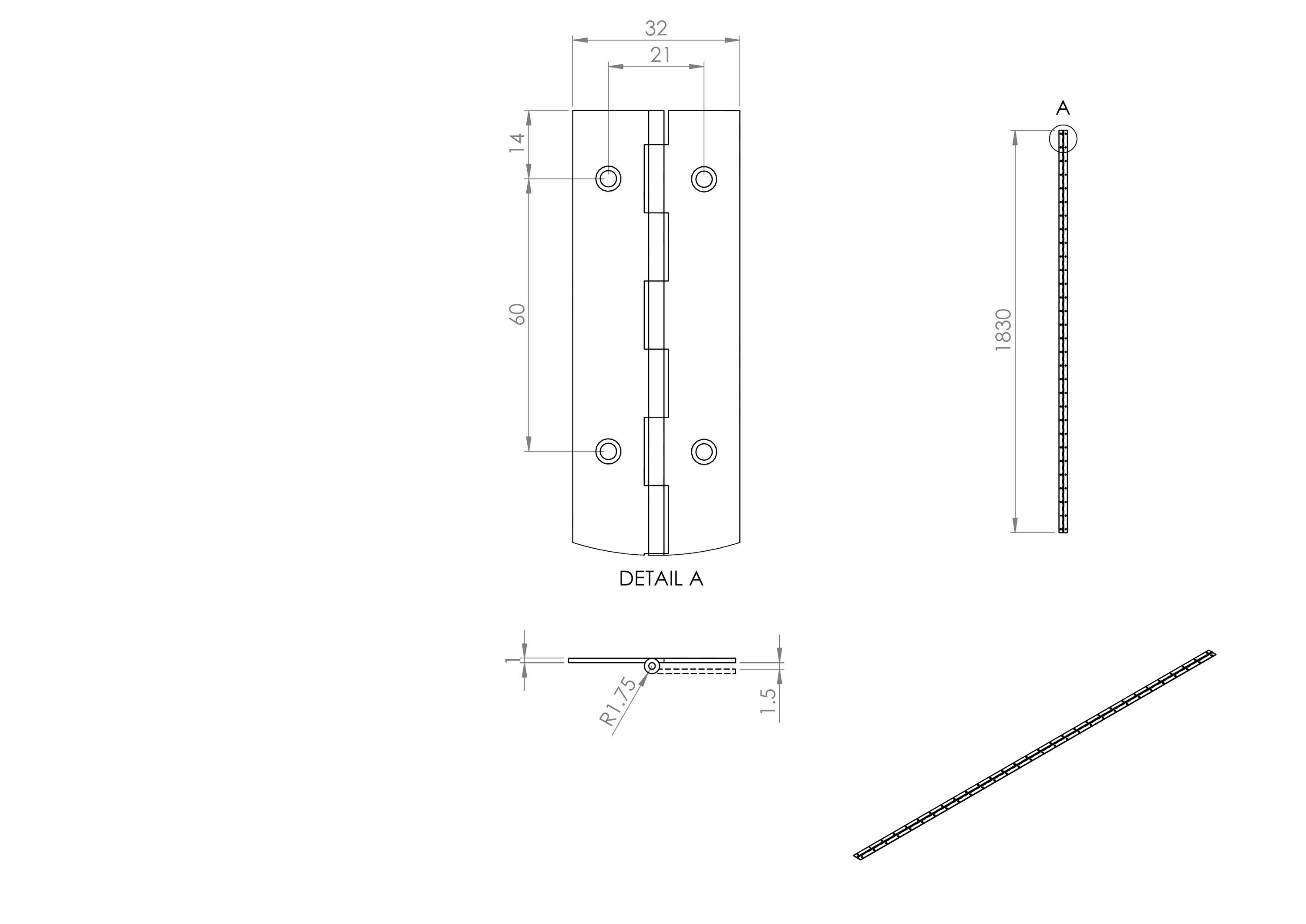 Technical dimension drawing of a hinge component with  measurements, showing front detail, side profile, and cross-section on a white background. 1830 × 32 × 1mm nickel-plated steel continuous piano hinge shown open – HI120730b