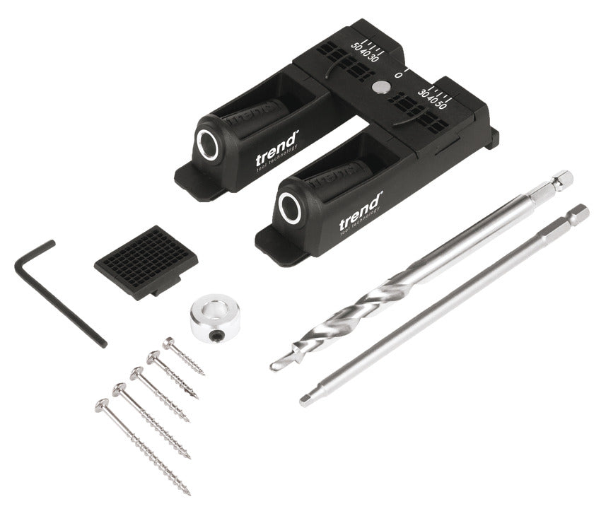 Trend brand dual-angle drill driver kit with two black quick-release driver housings, two silver metal driver bits, six screws, a hex key, and a small mounting piece on a white background.