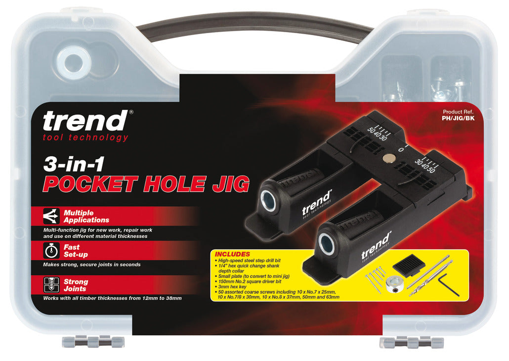 Trend 3-in-1 Pocket Hole Jig in its clear plastic carrying case, featuring a black and red front label with product details and illustrations.