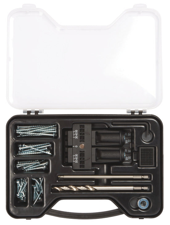 A screwdriver bit set in a black plastic case with a clear hinged lid, shown against a white background. The set includes various drill bits, screws, and a torque screwdriver.